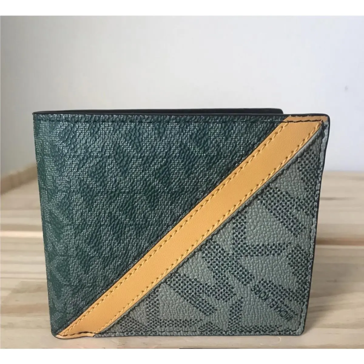 Men`s Wallet Billfold Logo and Leather with Stripe Signature Green Multi by Michael Kors