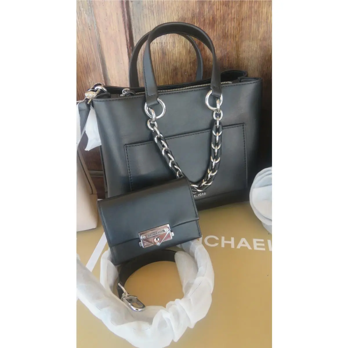 Cece Braided Chain Tote/x-body Bag or Set Pink Black Red Choices Black wallet & Messenger Tote Silver Ribbon Chain by Michael Kors