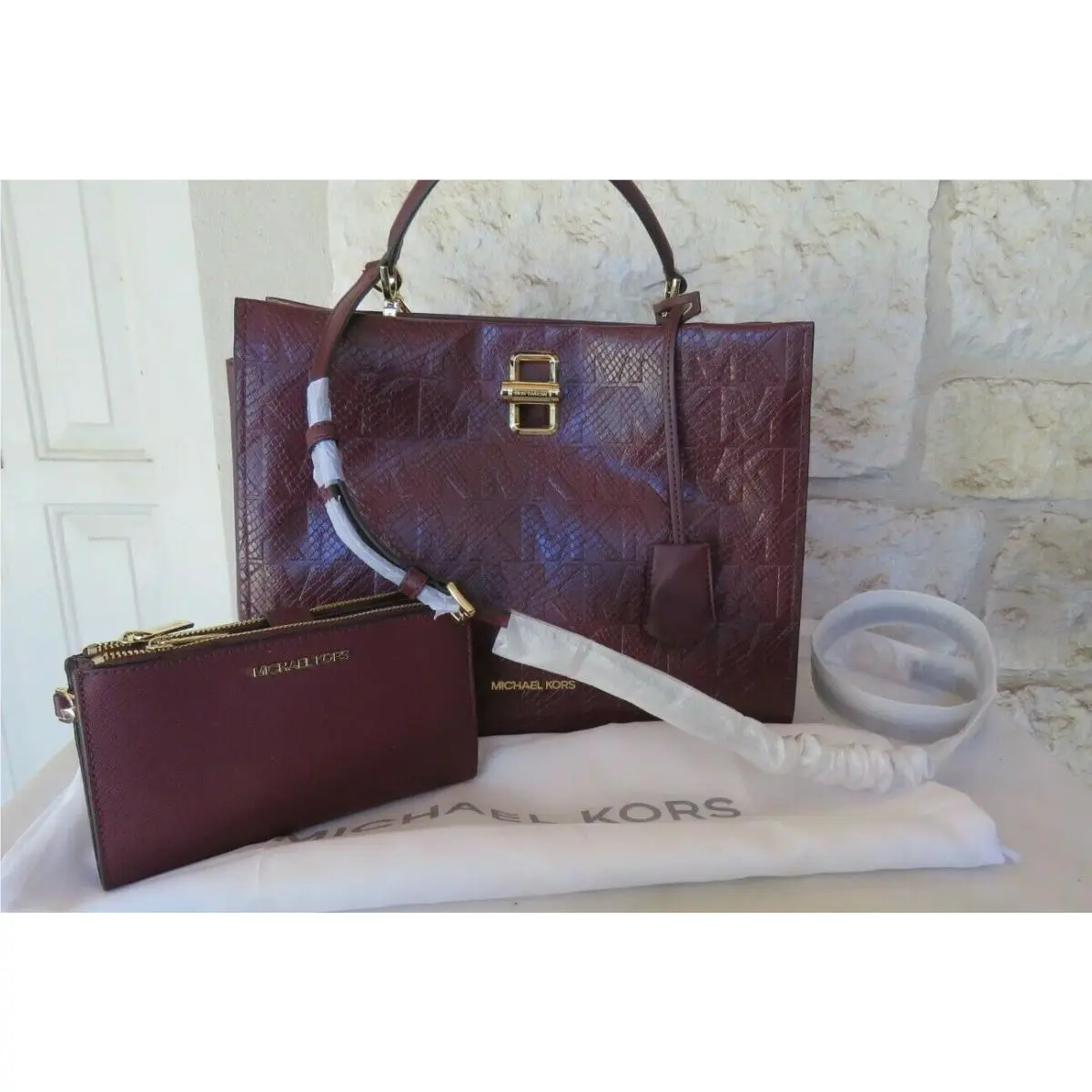 LG Satchel Merlot Logo Embossed Bag Wallet Bag+wallet Set Choices Bag+Wallet by Michael Kors