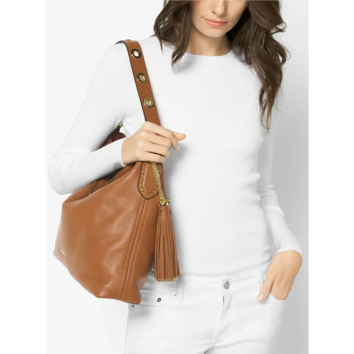 Michael Kors  bag  - Michael Michael Kors Brooklyn Convertible Tote Shoulder/Crossbody - Optic White, Soft Pink, Luggage (Brown), Hardware: Gold, Exterior: Optic White, Soft Pink, Brown/Luggage