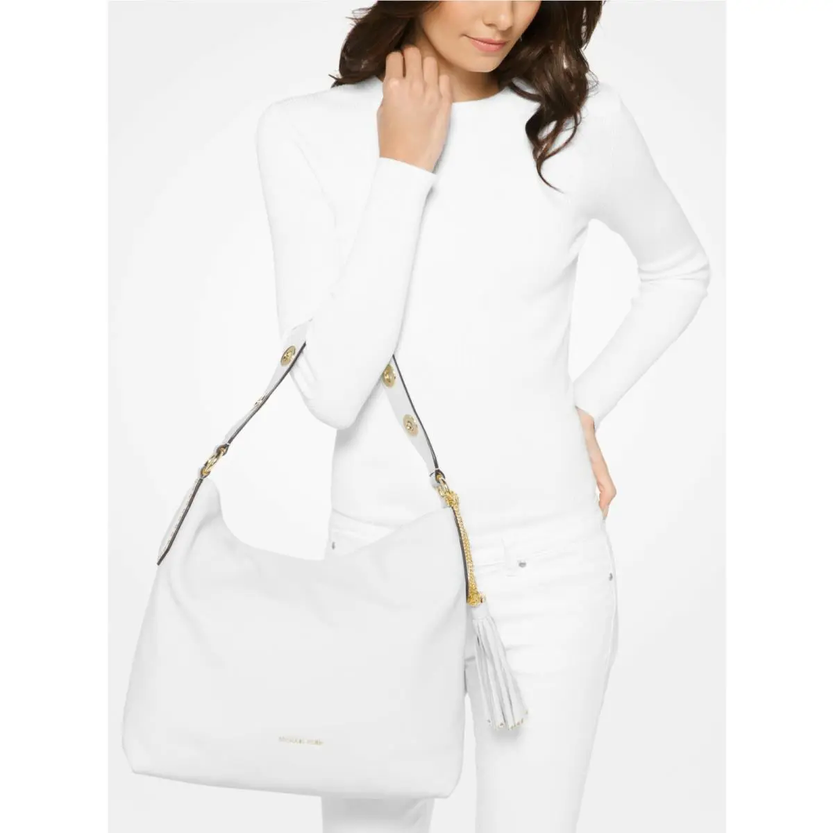 Michael Kors  bag  - Michael Michael Kors Brooklyn Convertible Tote Shoulder/Crossbody - Optic White, Soft Pink, Luggage (Brown), Hardware: Gold, Exterior: Optic White, Soft Pink, Brown/Luggage
