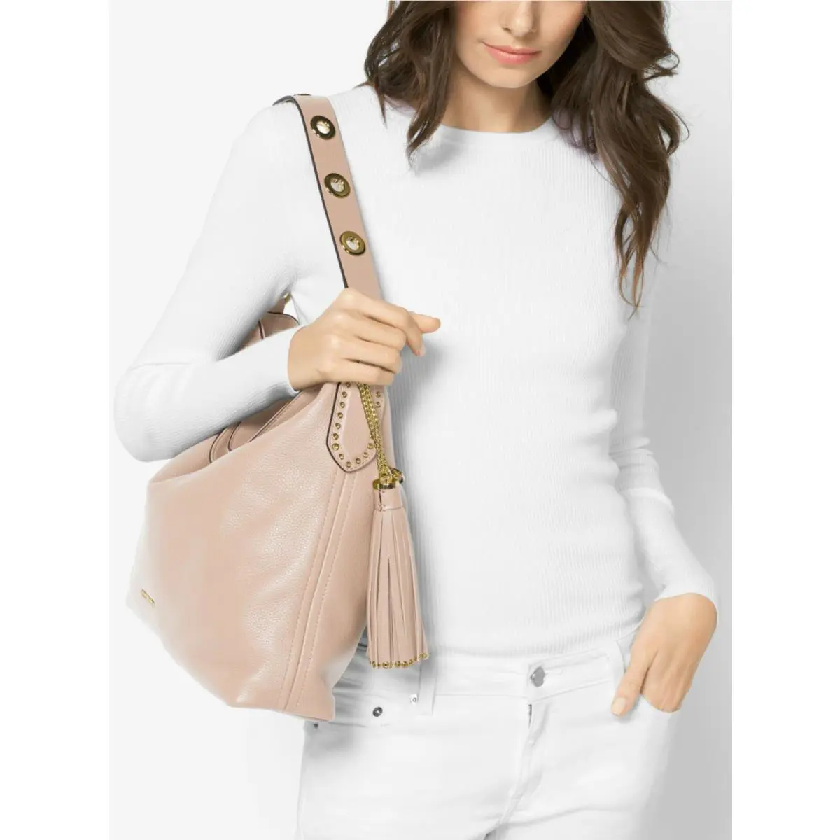 Michael Kors  bag  - Michael Michael Kors Brooklyn Convertible Tote Shoulder/Crossbody - Optic White, Soft Pink, Luggage (Brown), Hardware: Gold, Exterior: Optic White, Soft Pink, Brown/Luggage