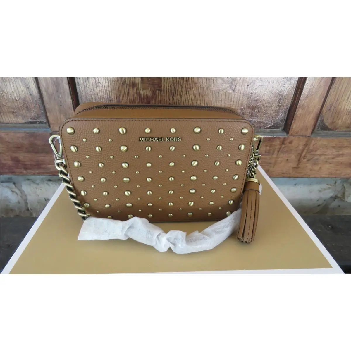Ginny Brown Studded Chain Leather Crossbody Bag or Bag+wallet Crossbody Studded Bag New Luggage Chain Medium by Michael Kors