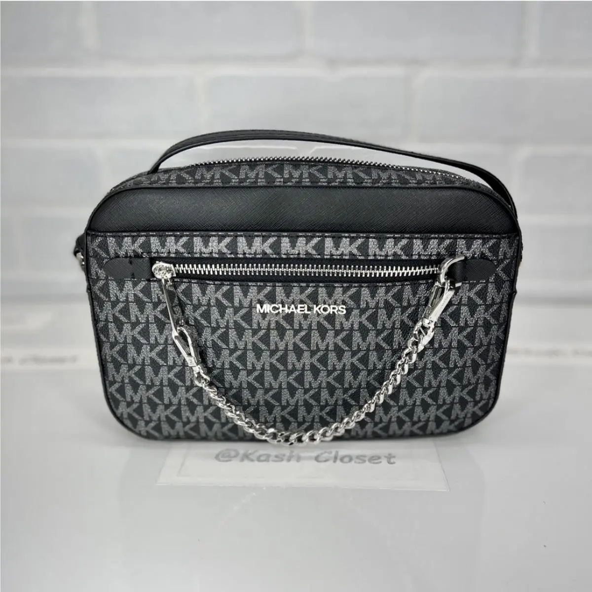 Crossbody Bag Chain Zip Purse Messenger MK Signature Black/Silver by Michael Kors