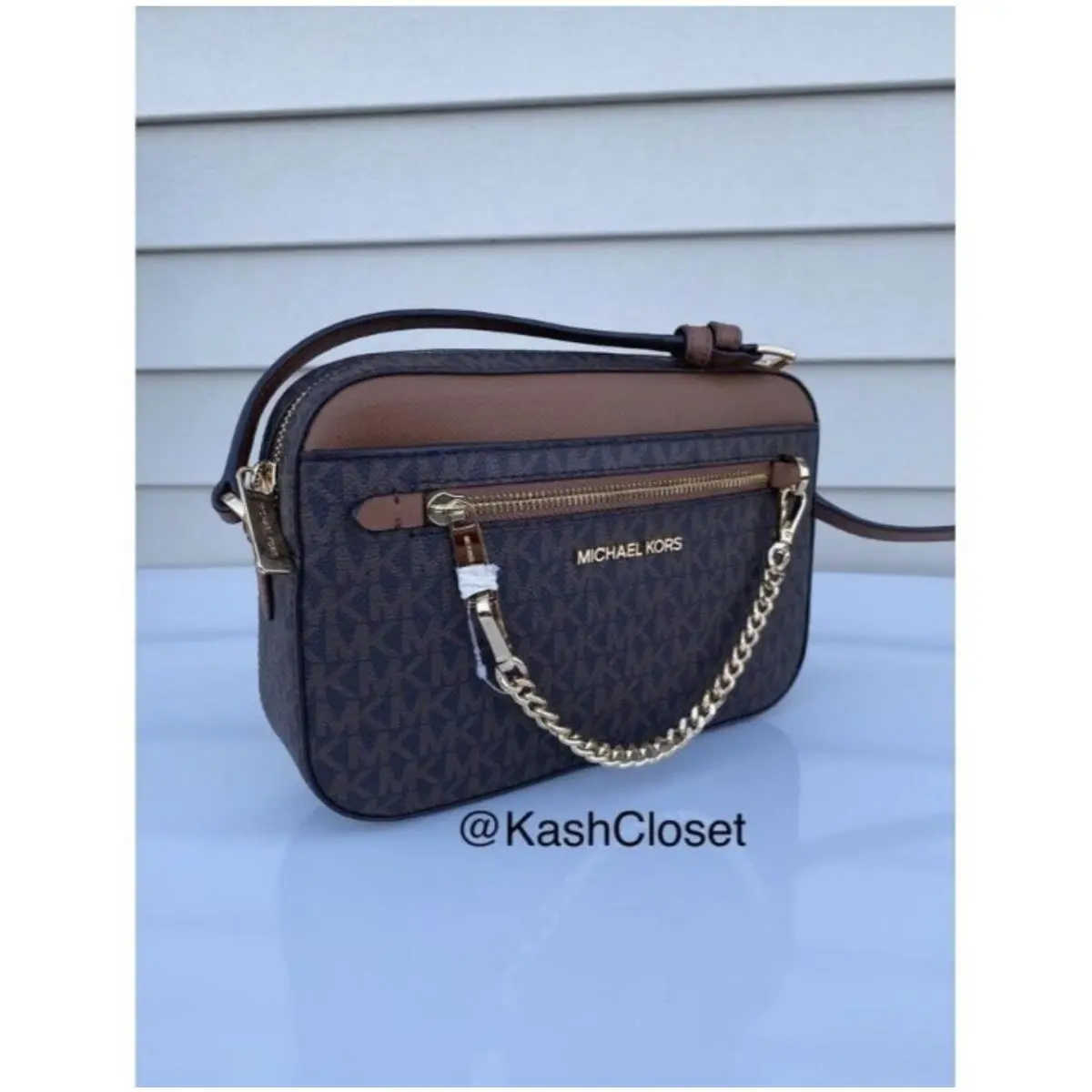 Crossbody Bag Chain Zip Purse Messenger MK Signature Brown by Michael Kors