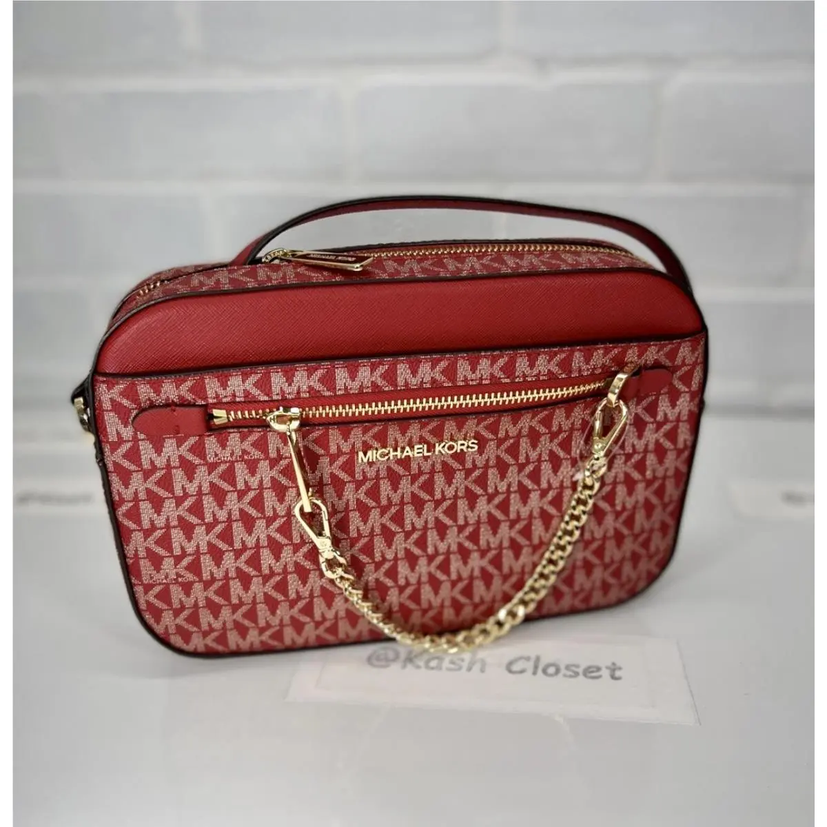 Crossbody Bag Chain Zip Purse Messenger MK Signature Chili/Pale gold by Michael Kors