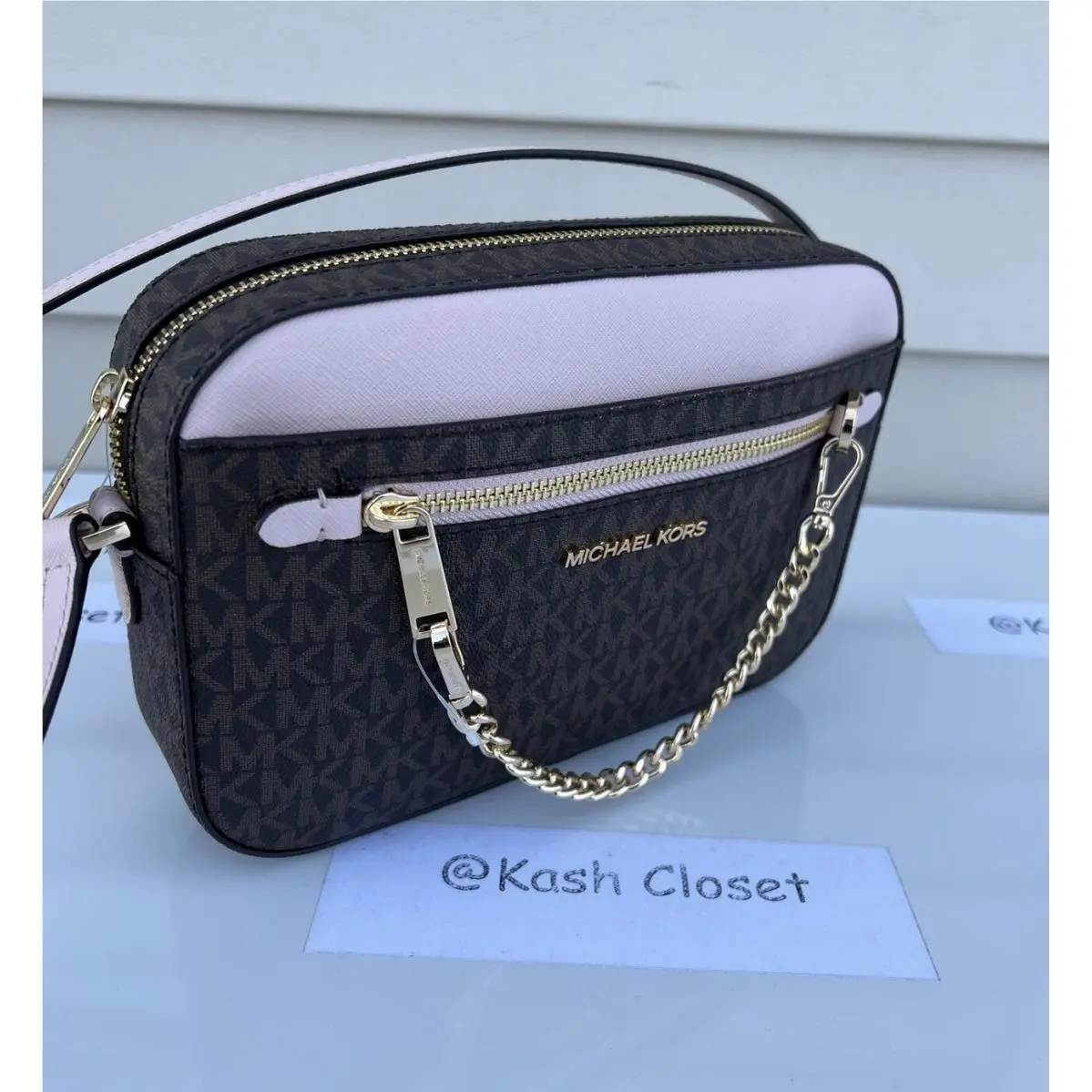 Crossbody Bag Chain Zip Purse Messenger MK Signature Powderblush/Brown by Michael Kors
