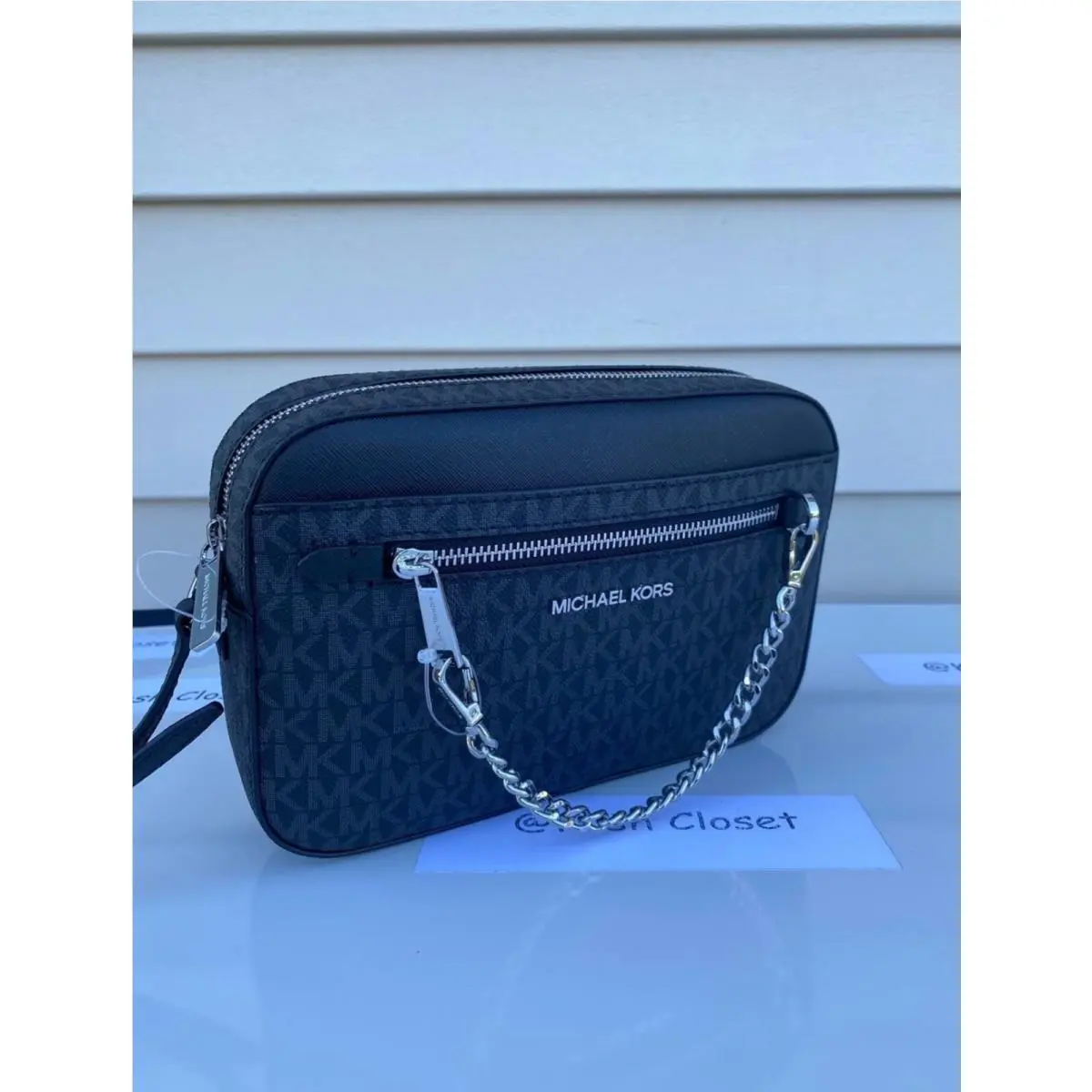 Crossbody Bag Chain Zip Purse Messenger MK Signature Black by Michael Kors