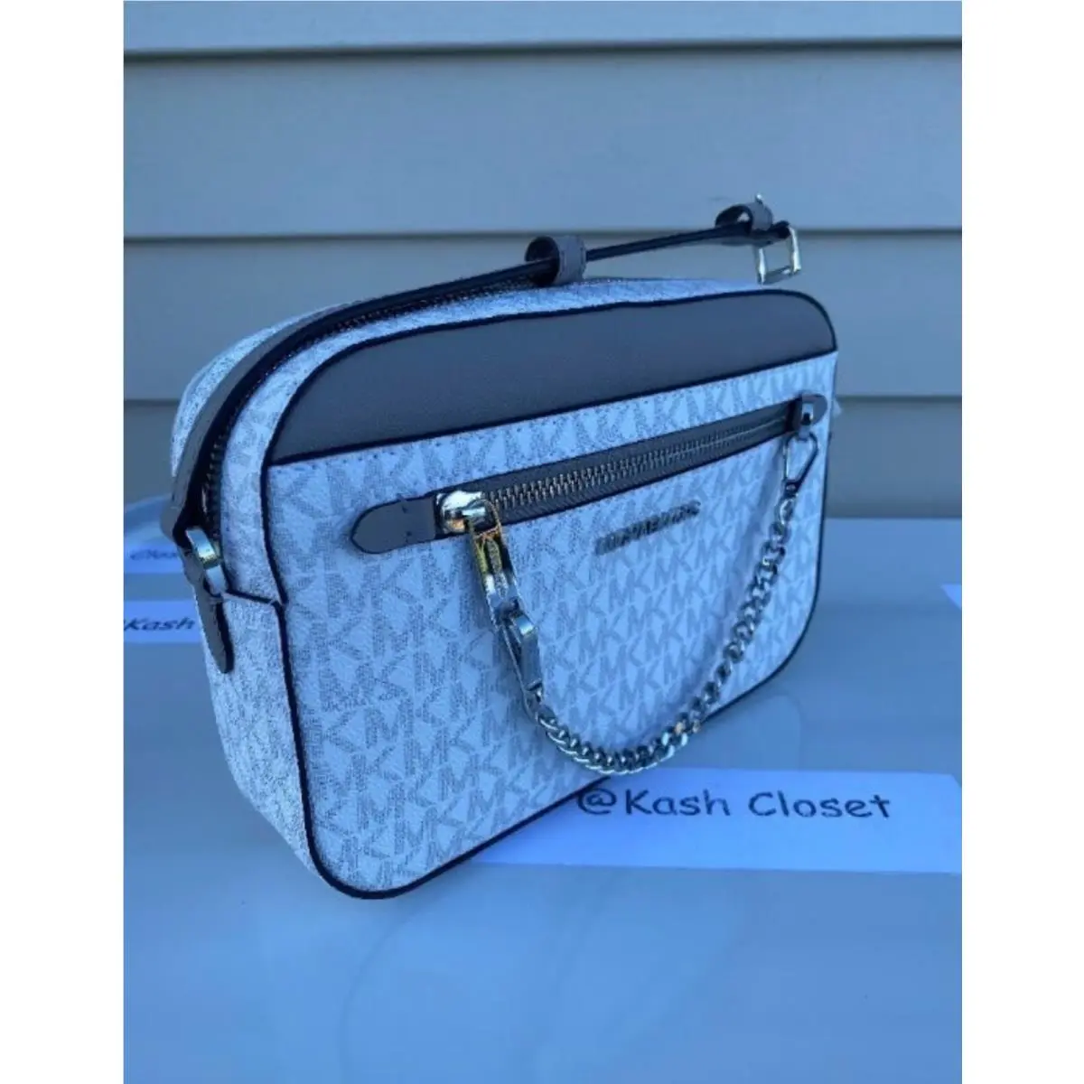 Crossbody Bag Chain Zip Purse Messenger MK Signature Bright White by Michael Kors