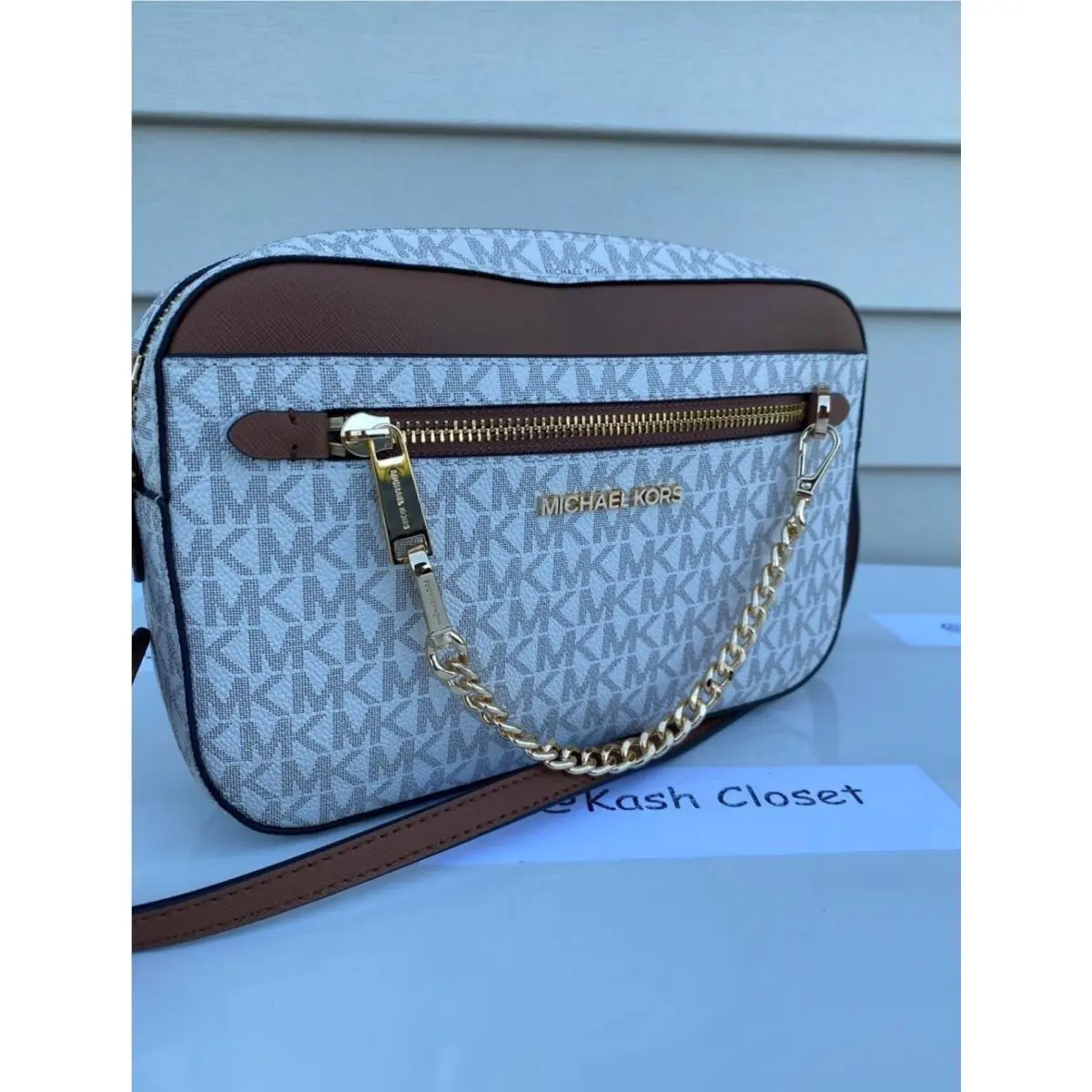 Crossbody Bag Chain Zip Purse Messenger MK Signature Vanilla by Michael Kors