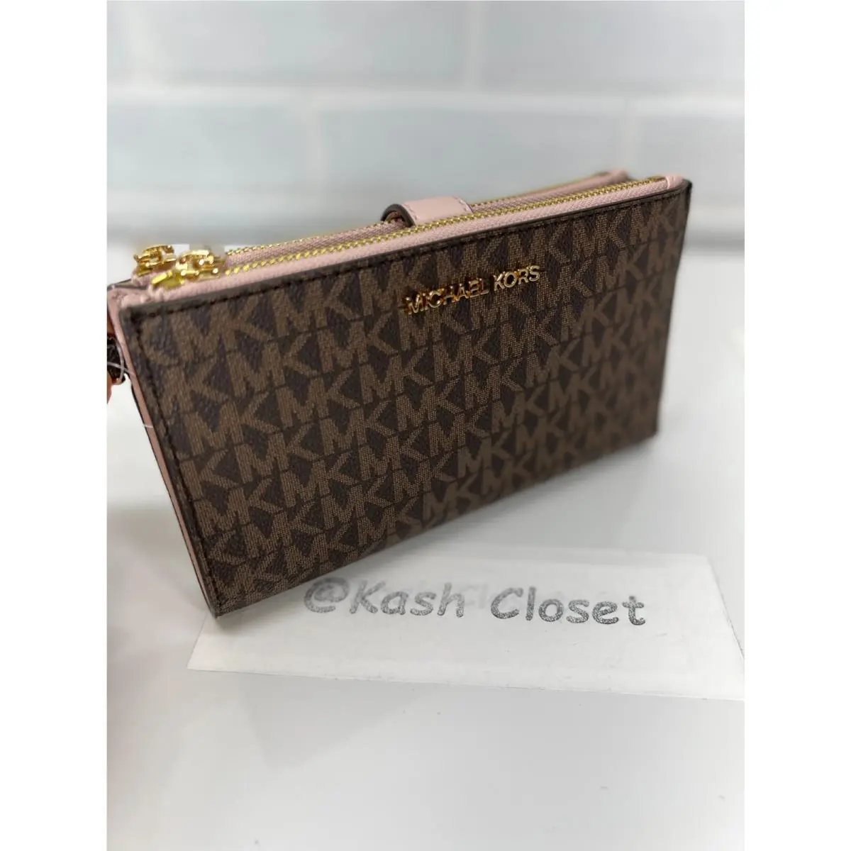 Wristlet Double Zip Wallet Purse MK Signature Powderblush Brown by Michael Kors