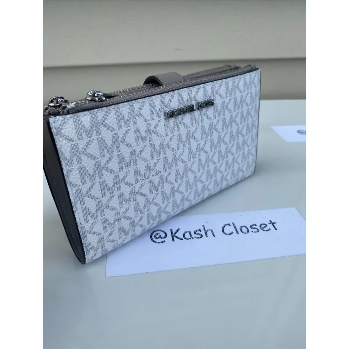 Wristlet Double Zip Wallet Purse MK Signature Bright White by Michael Kors