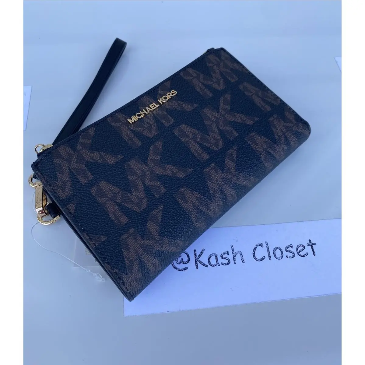 Wristlet Double Zip Wallet Purse MK Signature Brown Black Multi by Michael Kors