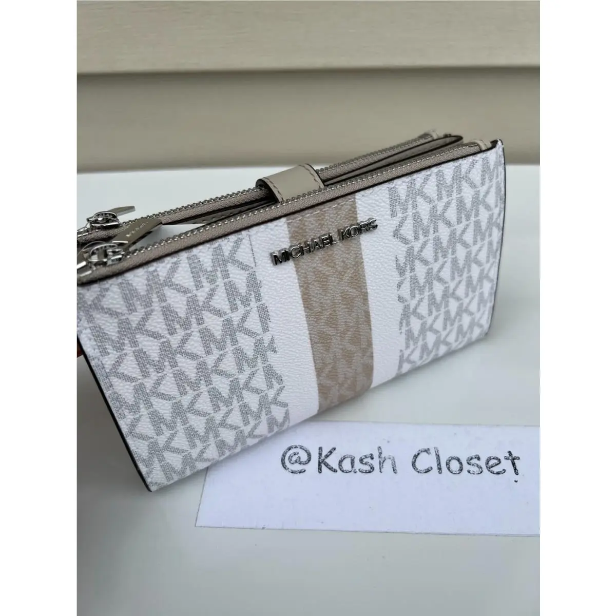 Wristlet Double Zip Wallet Purse MK Signature Lt Sand with Stripe by Michael Kors