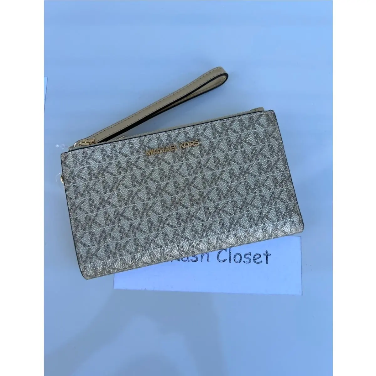 Wristlet Double Zip Wallet Purse MK Signature Pale Gold by Michael Kors