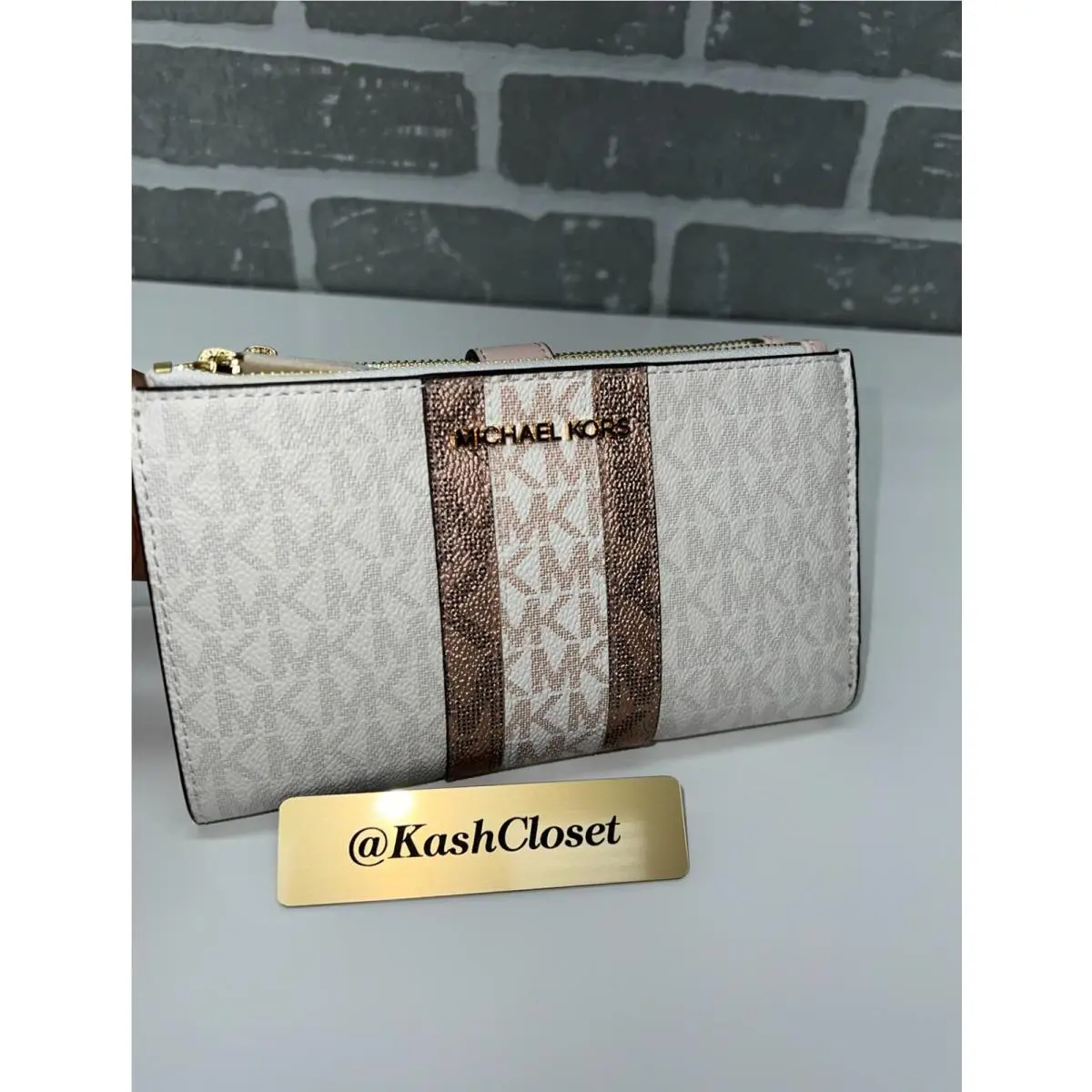 Wristlet Double Zip Wallet Purse MK Signature Powderblush multi with stripe by Michael Kors