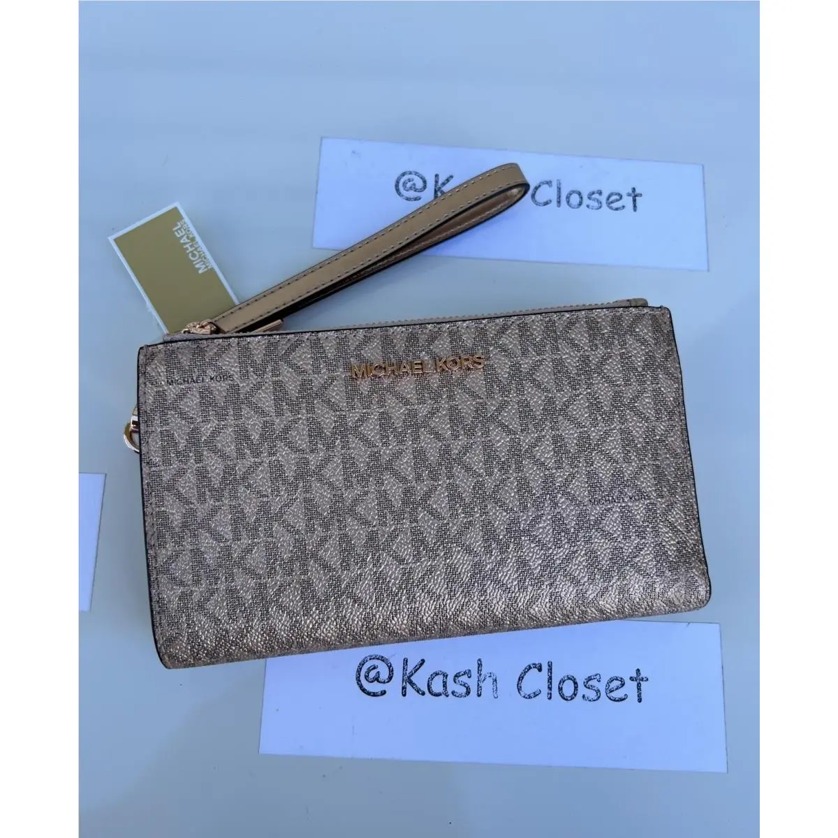 Wristlet Double Zip Wallet Purse MK Signature Rose Gold by Michael Kors