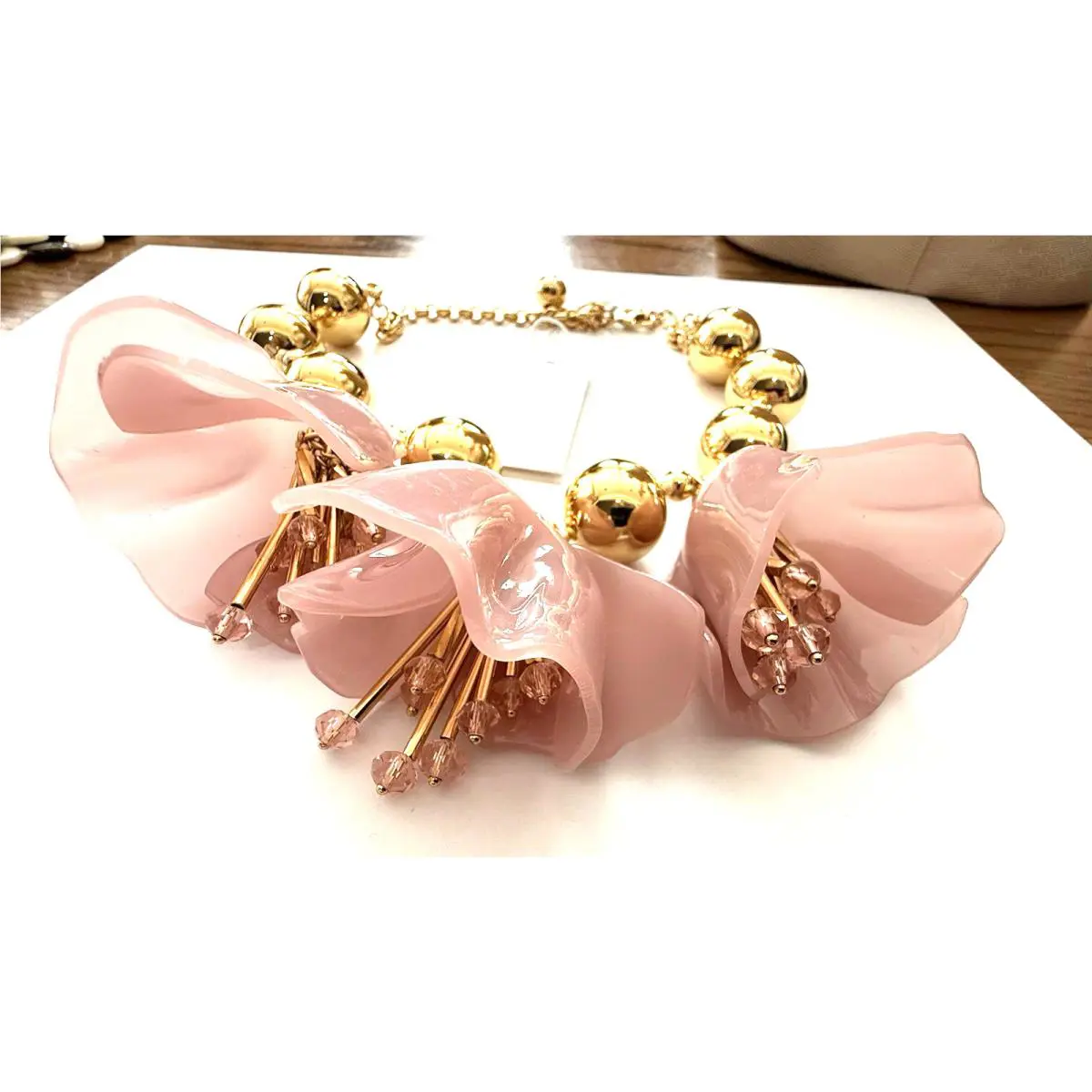 Kate Spade Blush Slice of Stone Pink Lucite Triple Flowers Necklace