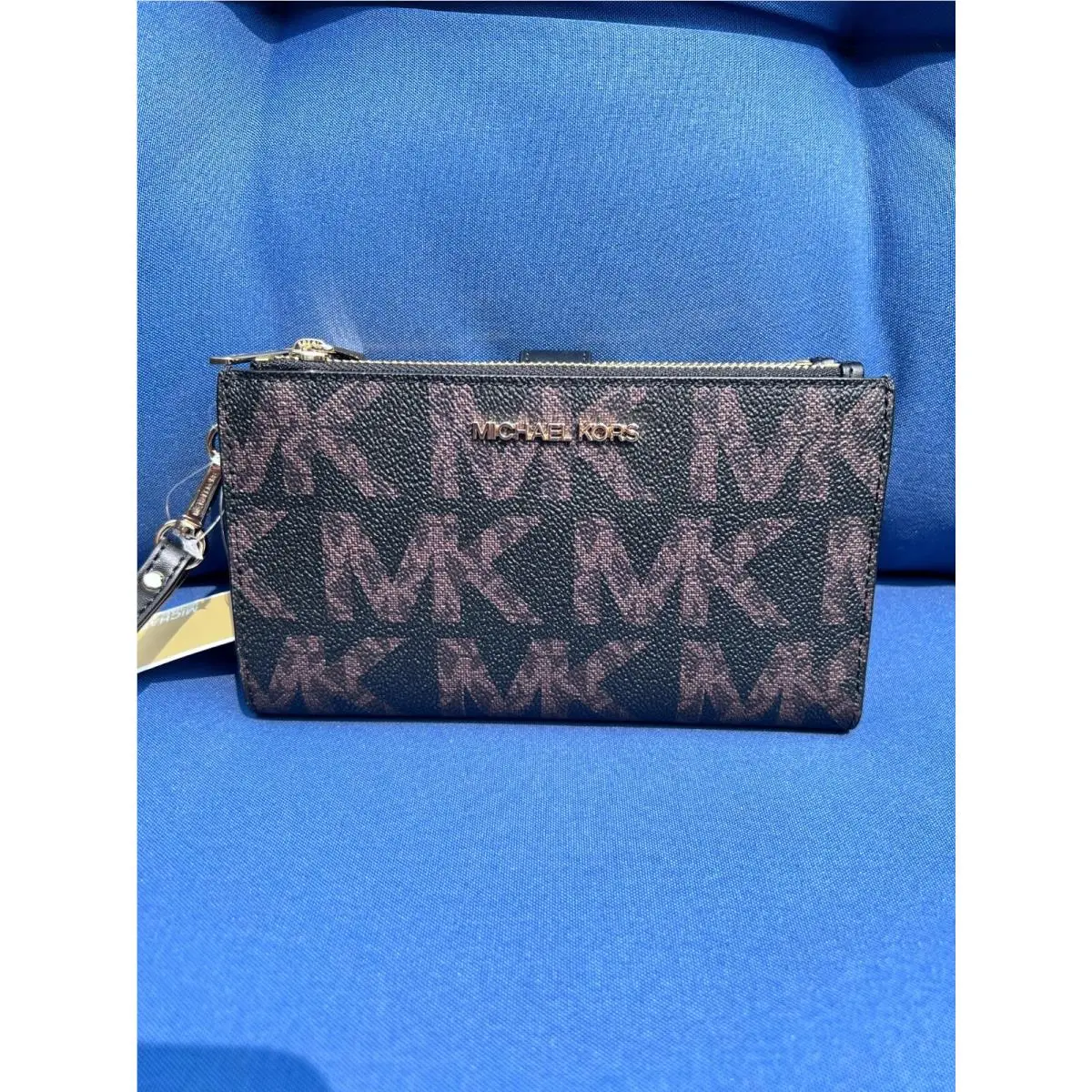 Michael Kors Wristlet Double Zip Phone Wallet MK Signature Black Multi