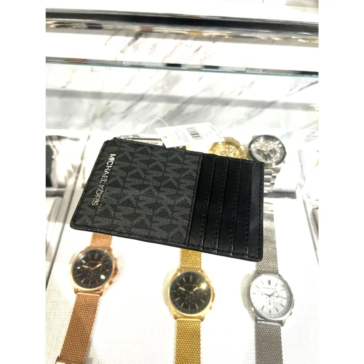 Michael Kors Black Card Holder Wallet MK Signature Top Zip Card Case Coin Pouch