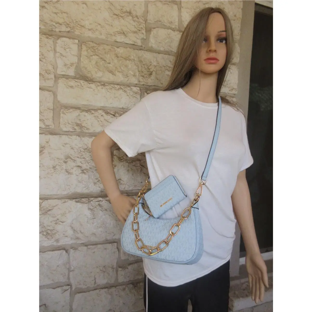 Michael Kors Logo Set: Sm/md Shoulder/x-body/handbag Chain Bag+wallet LT Blue