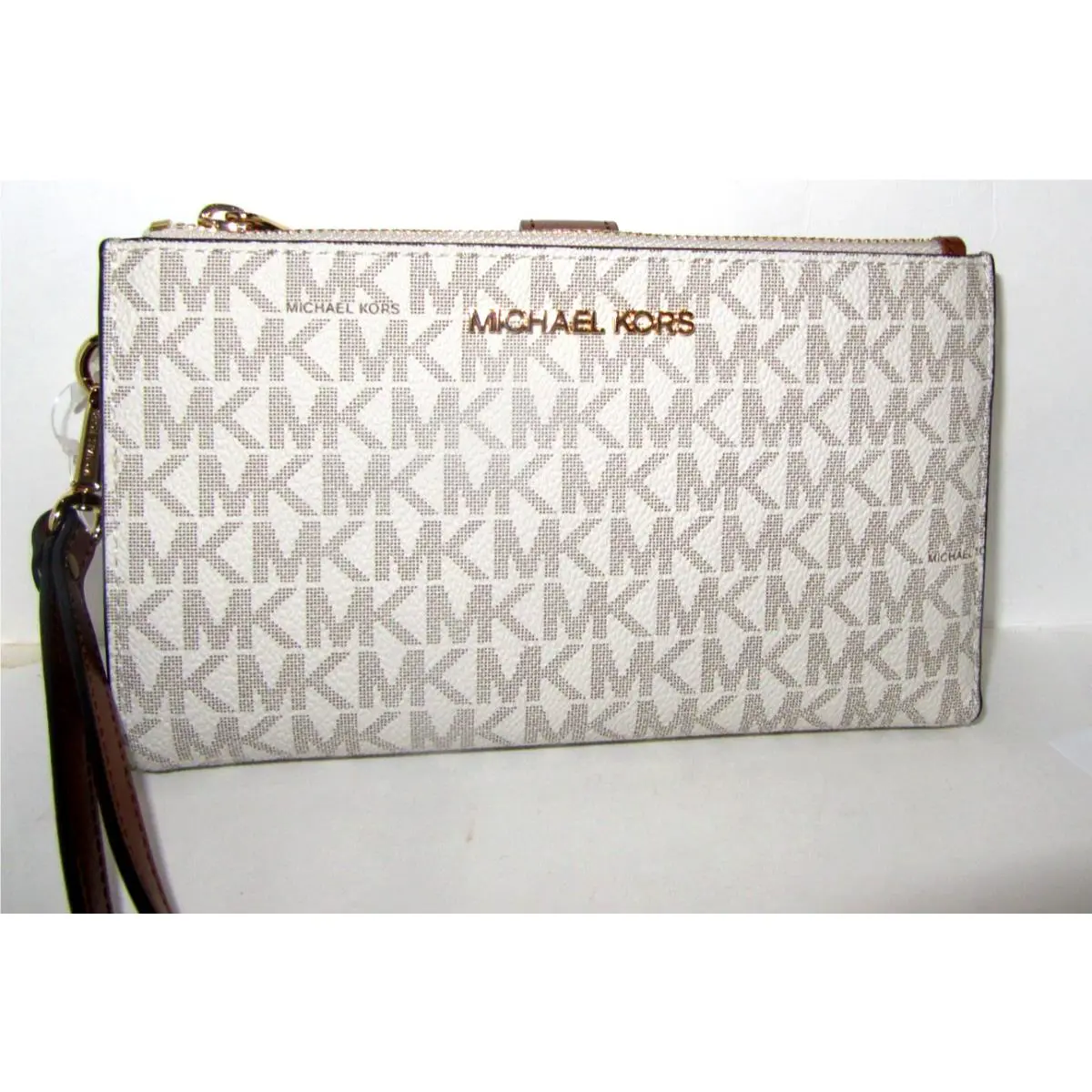 Michael Kors Jet Set Double Zip Wristlet Wallet Vanilla Logo Phone Pocket