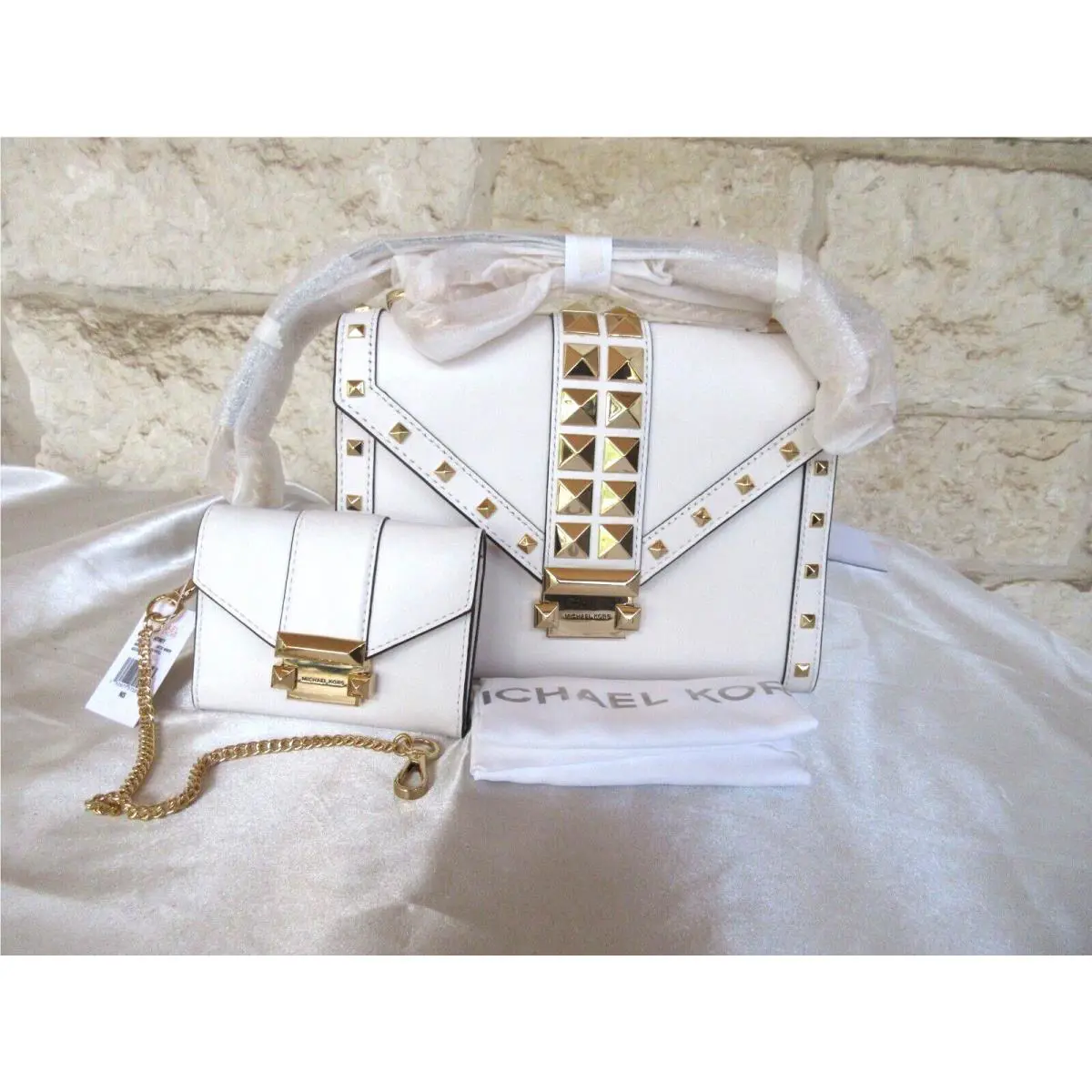 Michael Kors Whitney Chain Studded White Leather Convertible Bag +wallet Set