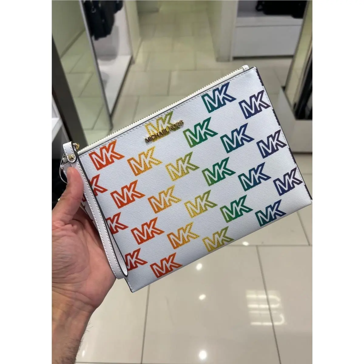 Michael Kors Wristlet XL Zip Clutch Optic White Multi Rainbow