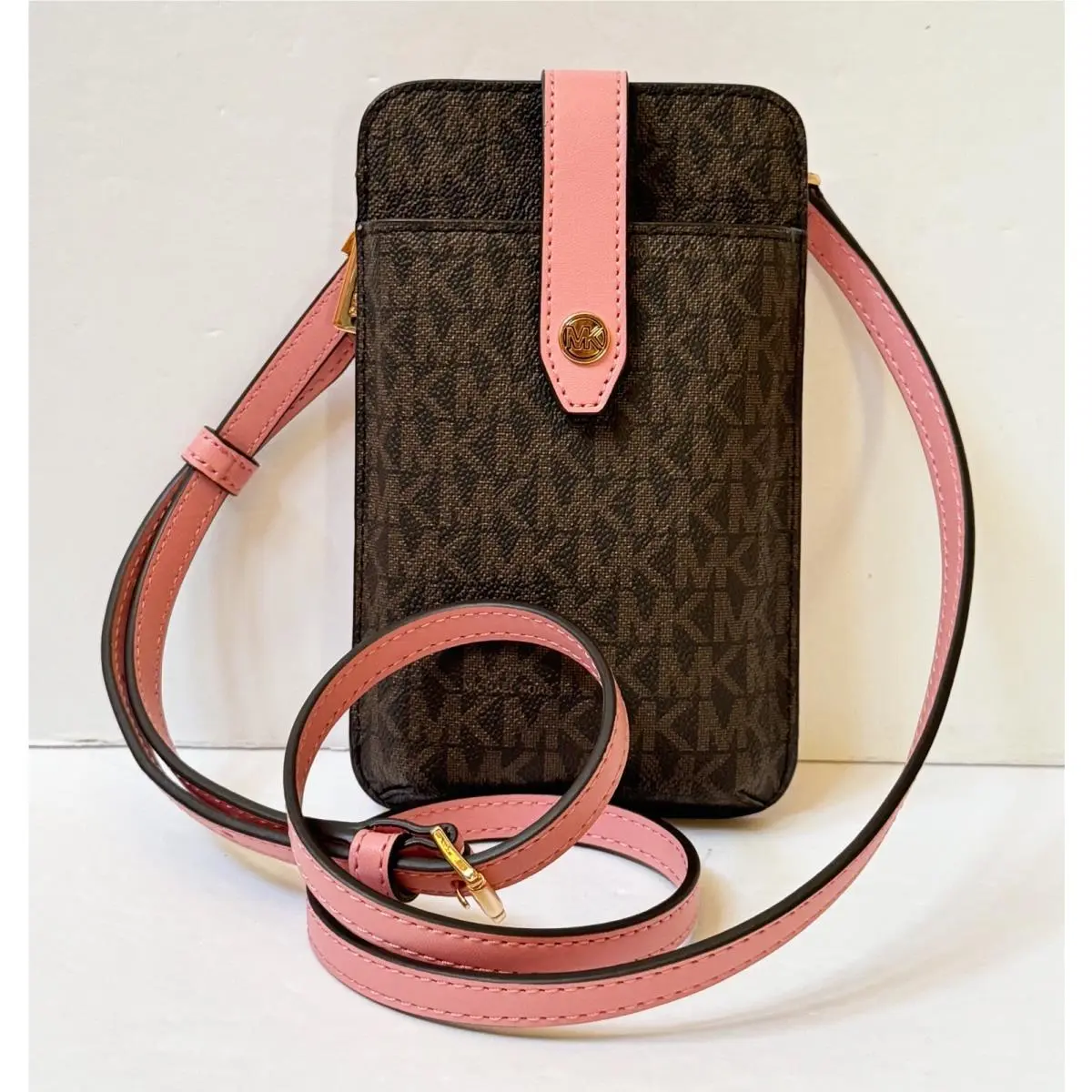 Michael Kors Jet Set Travel Phone Crossbody Bag Wallet Card Holder MK Brown/pink