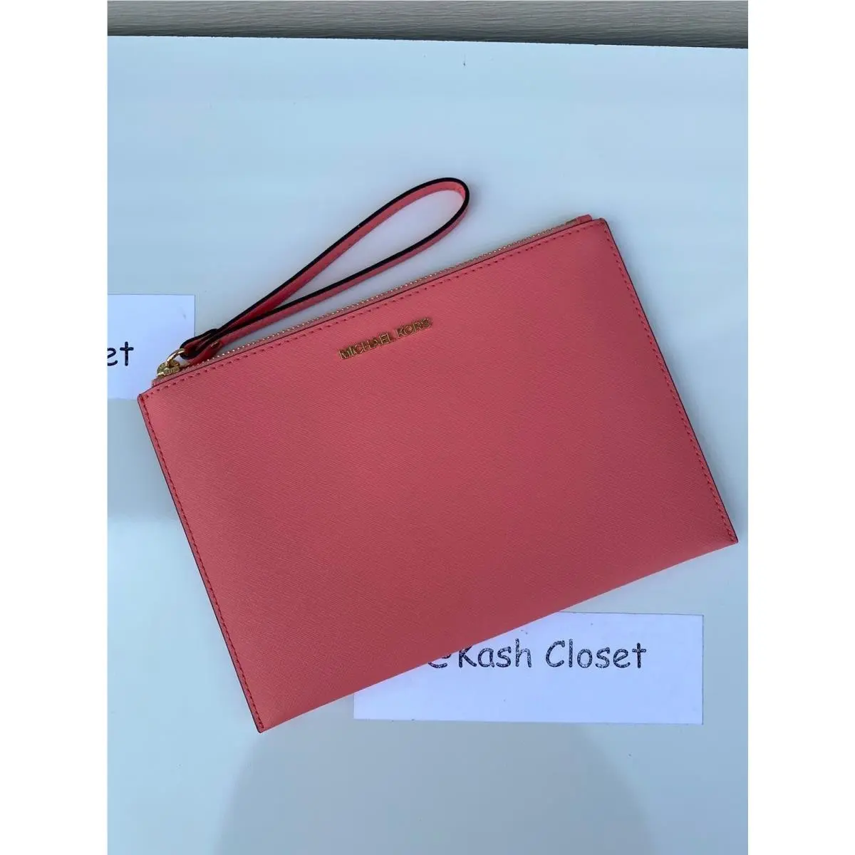 Michael Kors Wristlet Clutch XL Zip Wallet MK Jet Set Travel Purse Grapefruit