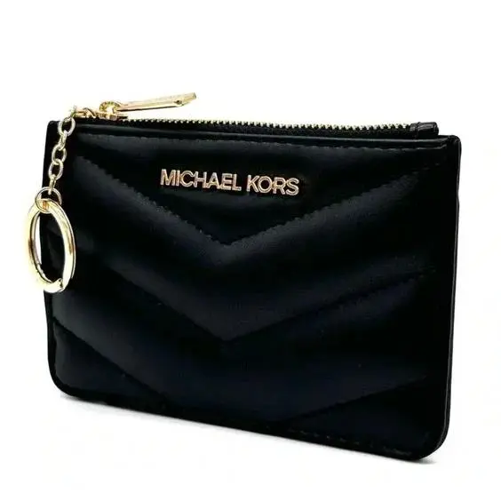 Michael Kors Jet Set Small Top Zip Coin Pouch Black Quilted Leather w/ Key Ring