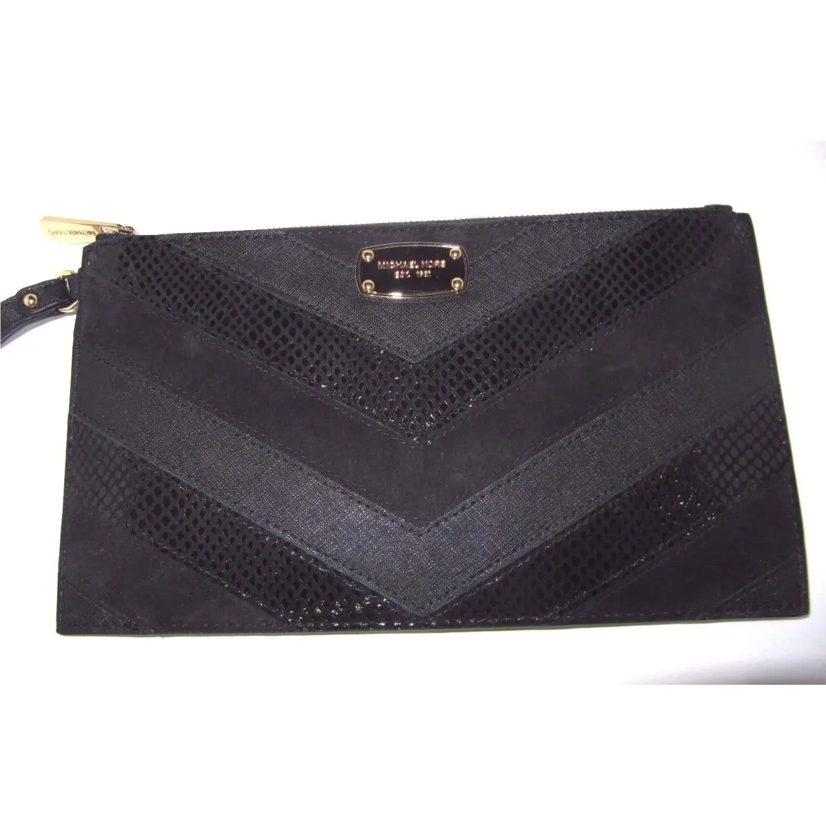 Michael Kors Jet Set Large Zip Clutch Black Chevron Stripe Leather Wristlet