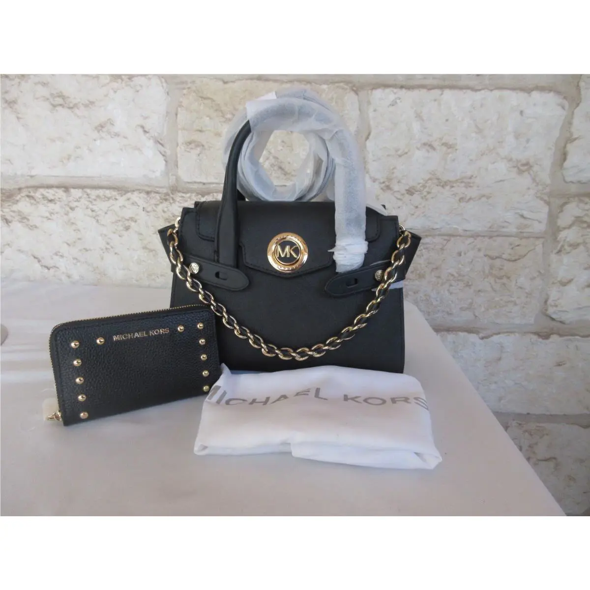 Michael Kors XS Carmen Leather Black Belted Satchel + Wallet Set Chain Dustbag