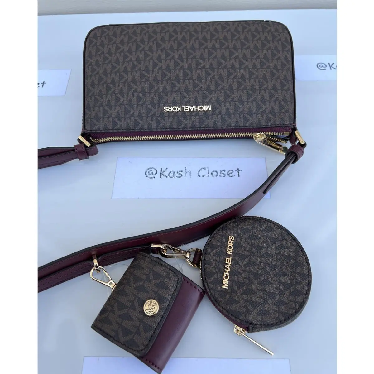 Michael Kors Crossbody Tech Attach with Coin Purse Airpod Case MK Logo Merlot