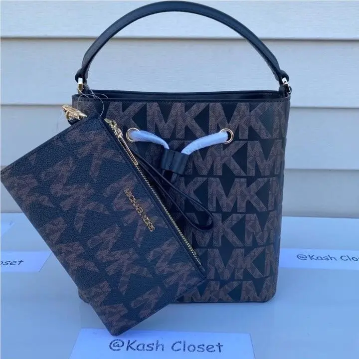 Michael Kors Suri Bucket Bag Double Zip Wristlet Bundle- Brown/black