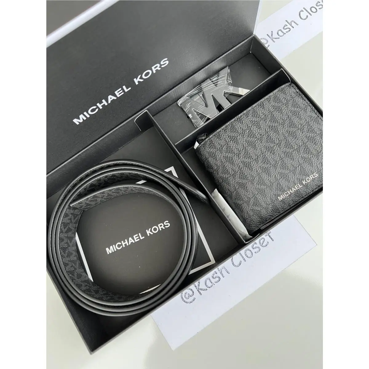 Michael Kors Mens Belt Wallet Set MK Signature Black