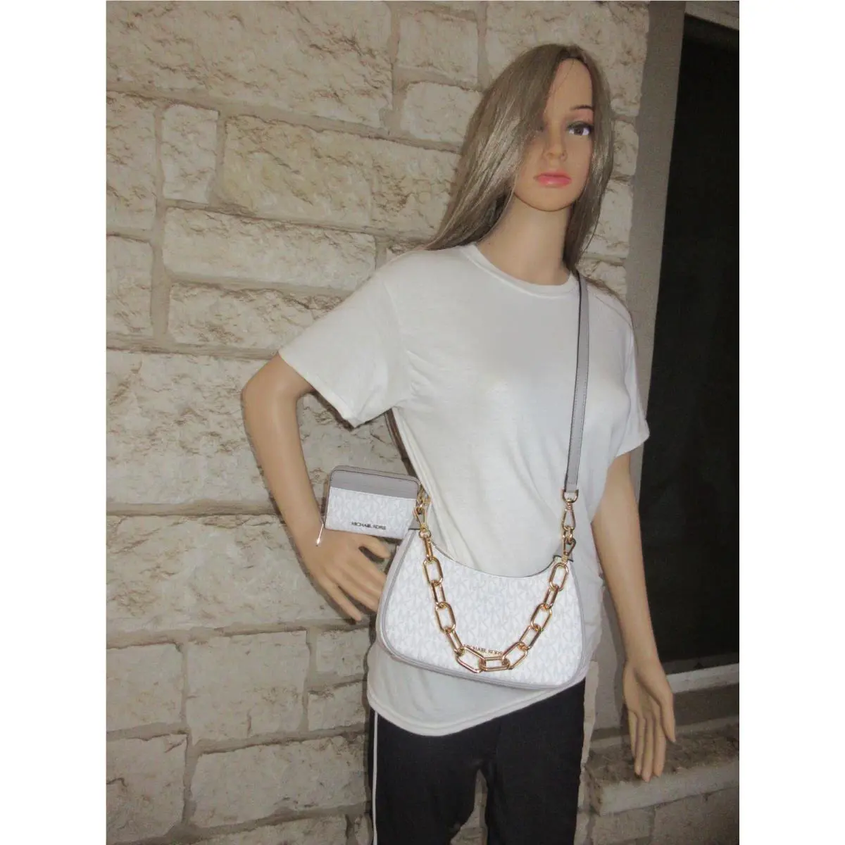 Michael Kors Logo Sm/md Shoulder Crossbody Bag Chain Bag+wallet Set Bright White