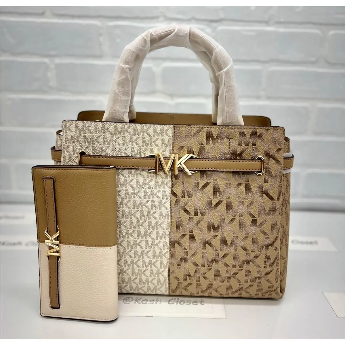 Michael Kors Satchel Reed Large Belted Purse LG Snap Wallet Bundle Camel Multi