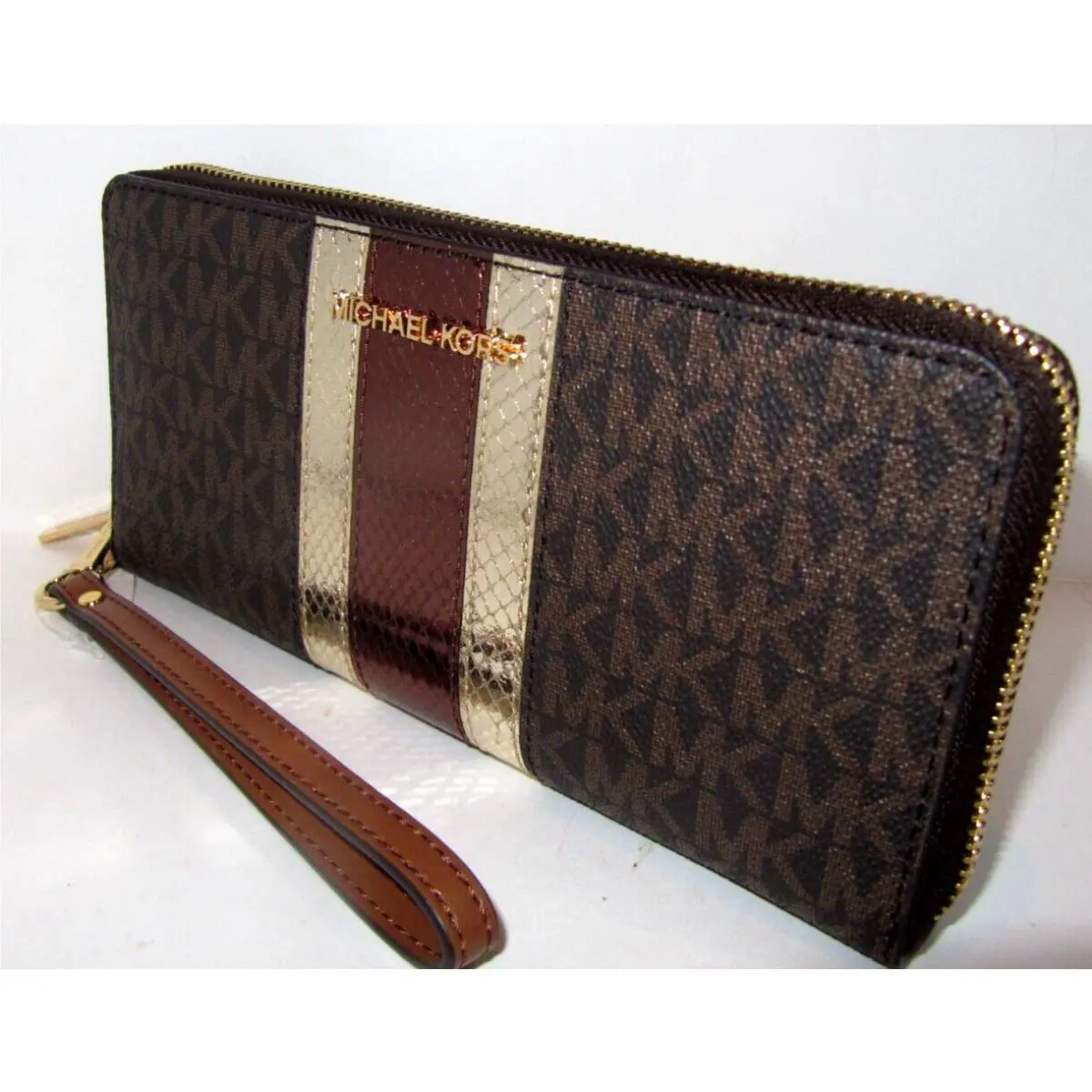 Michael Kors Jet Set Travel Large Brown Logo Gold Metallic Continental Wallet