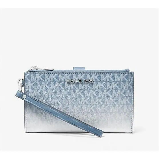 Michael Kors Wristlet Jet Set Large Ombré Logo Double Zip Wallet Denim