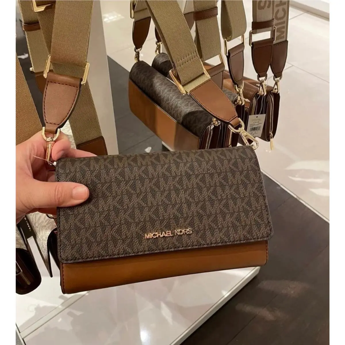 Michael Kors Crossbody Wallet Large Zip Around Clutch Purse Bag MK Brown