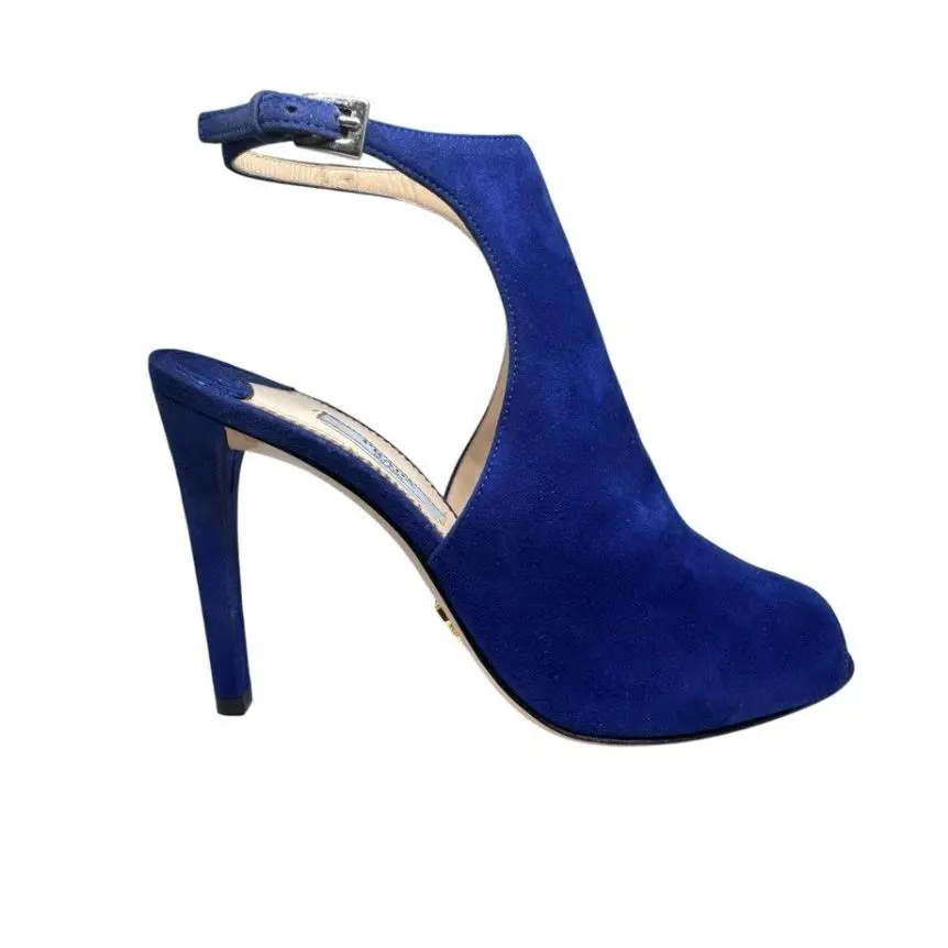 Prada Camo SC10 Navy Blue Suede Mule Ankle Closure High Heel Shoes
