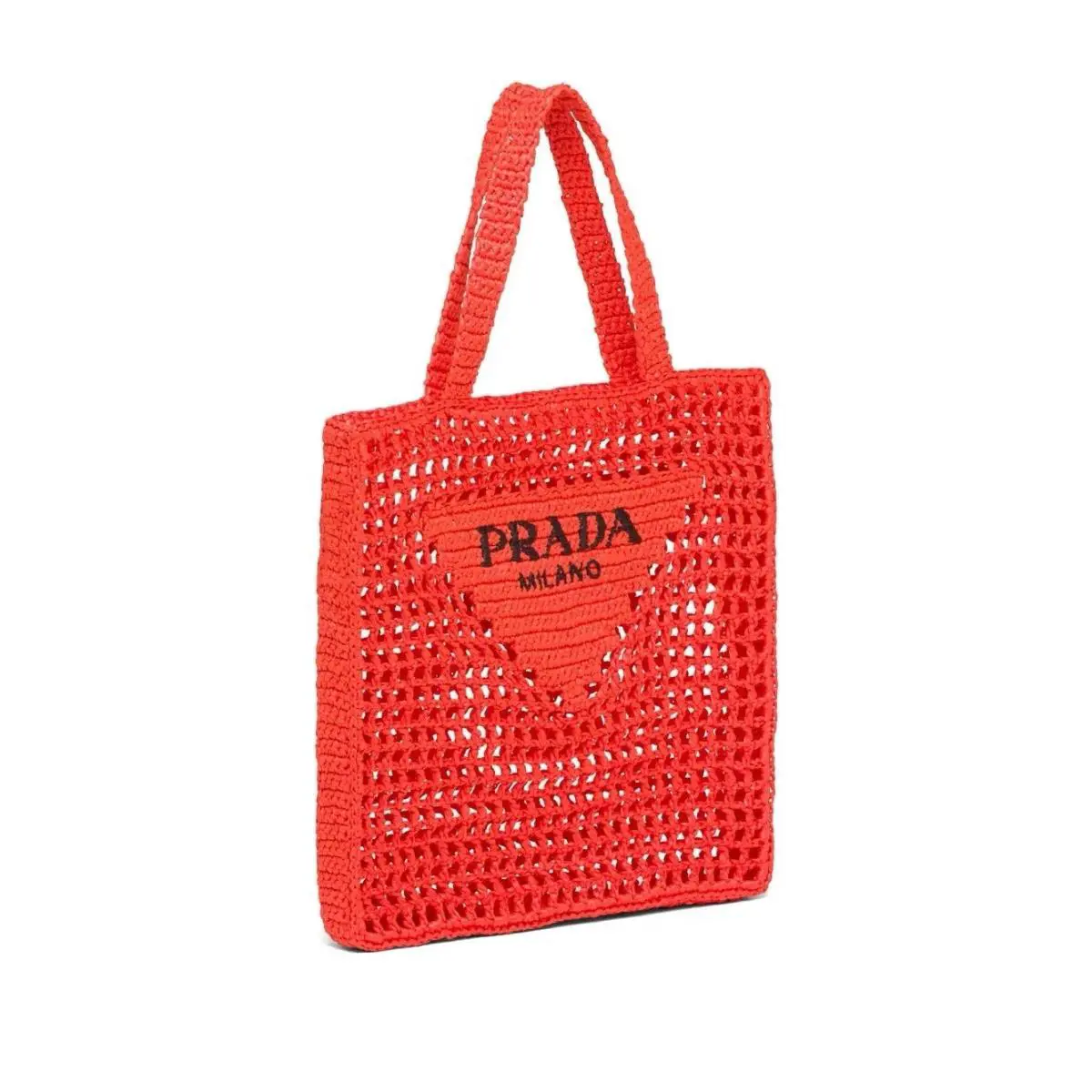 Prada Triangle Logo Orange Crochet Raffia Tote Bag 1BG393
