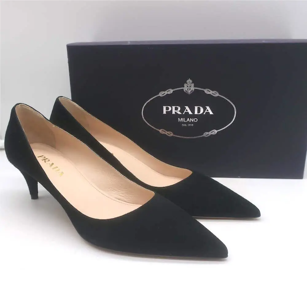 Prada Pointed Toe Kitten Heel Pumps Black Suede Size 37