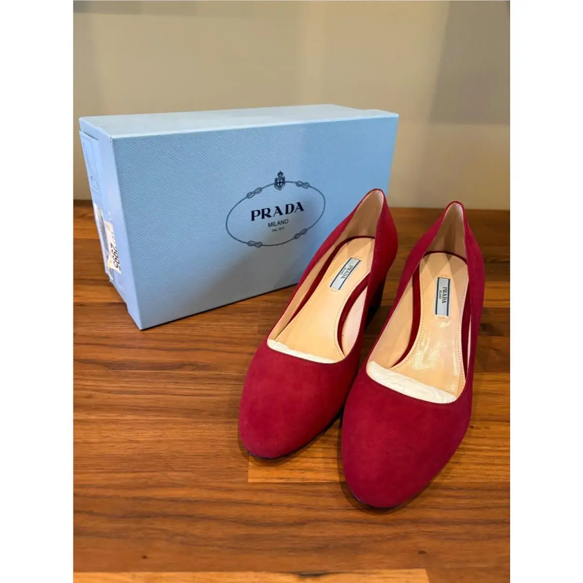 Prada Calzature Donna Block Heel Pump Shoe Red Suede Eur 40/US 10B