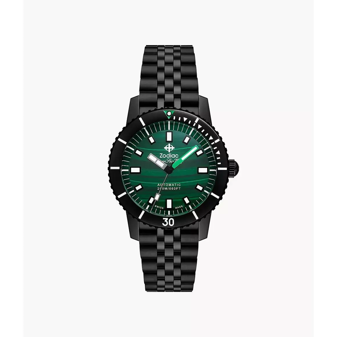 Super Sea Wolf Auto Malachite Dial Black Dlc Steel Bracelet Watch ZO9314 by Zodiac