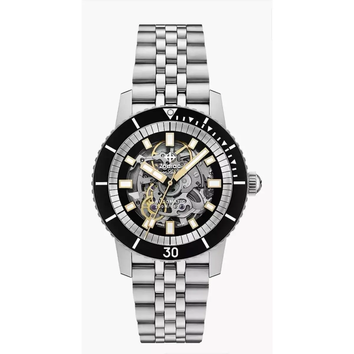 Zodiac Super Sea Wolf Auto Skeleton Dial Black Bezel Steel Bracelet Watch ZO9319
