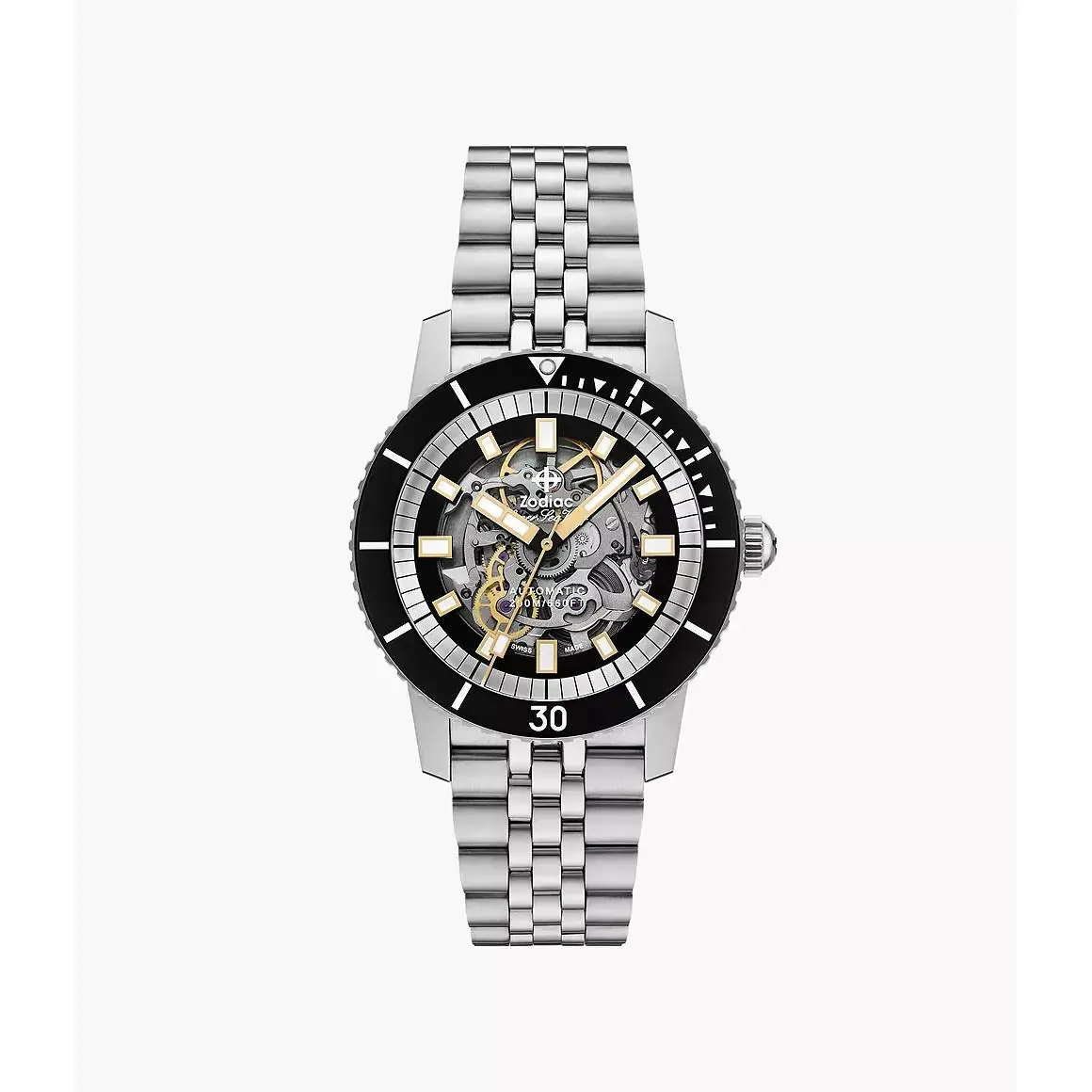Super Sea Wolf Auto Skeleton Dial Black Bezel Steel Bracelet Watch ZO9319 by Zodiac
