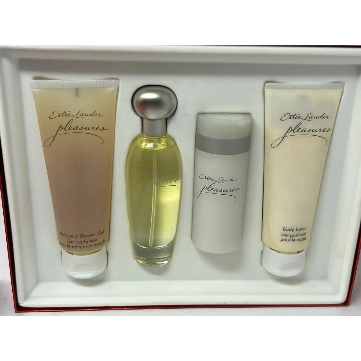 4 PC Estee Lauder Pleasures Edp Lotion Roller Gel 3.4oz 100ml Set Read Descri