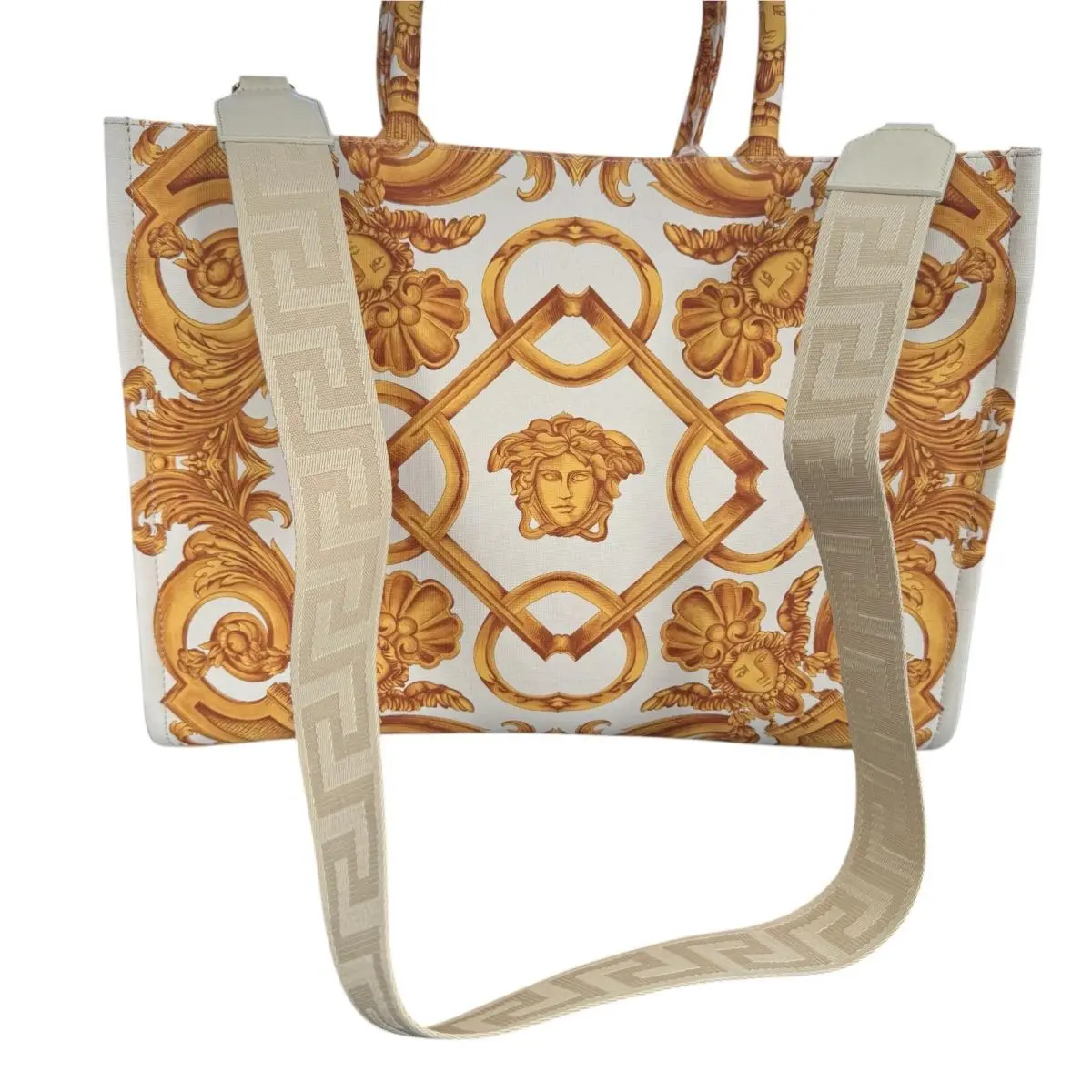 Gold and White Large Fabric Tote Bag 1014569 1A10399 2KM5V by Versace